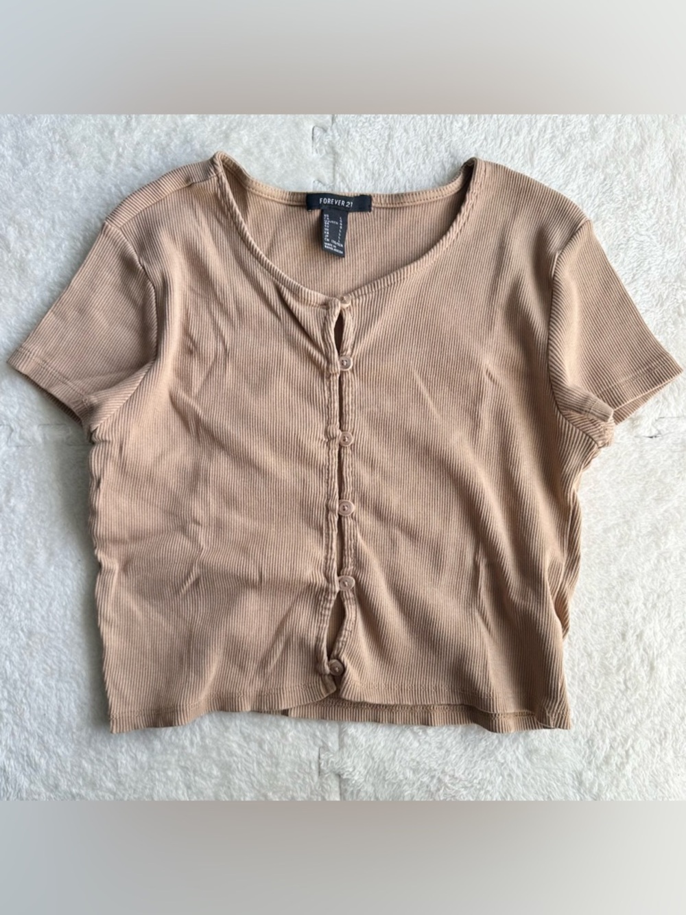 Forever 21 tan ribbed knit button up crop top, size large
